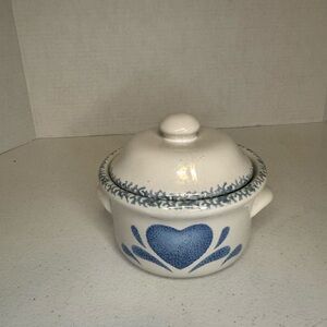Vintage Spongeware Pottery Soup Bowl "Blue Heart " Handles with Lid